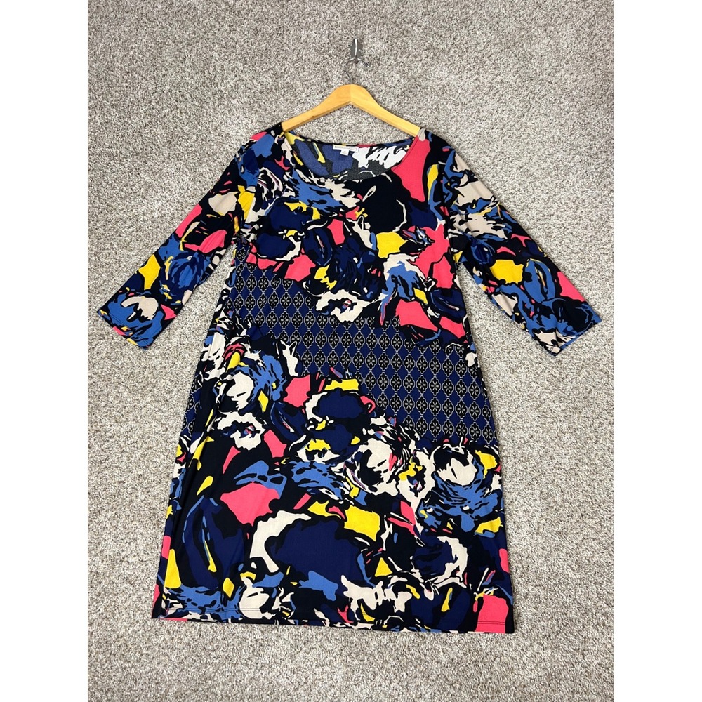 Dana Buchman Womens XL Abstract Floral Shift Dress 3/4 Sleeve Multi-Color Blue